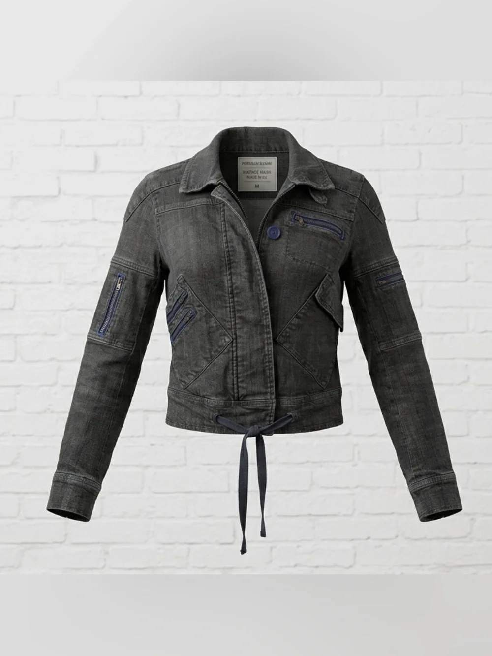 Free People Size 4 Y2K Grey Moto Denim Jacket Utility Zip Pockets Drawstring Hem